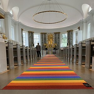 The Cathedral in Gothenburg has Sweden's longest pride mat 21.37m. Order your new pride mat today!
