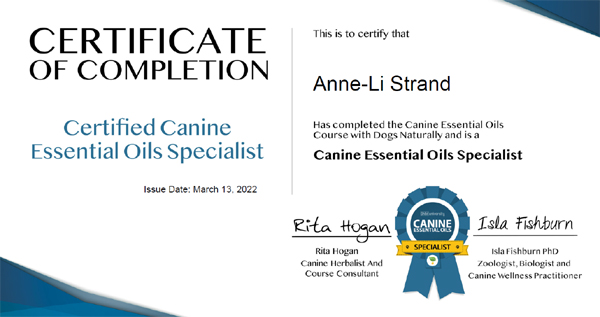 Certifikat Canine Essential Oil Specialist - Anne-Li Strand