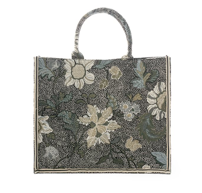 SHOPPER BLACK FLOWER LINEN  SHOPPING VÄSKA