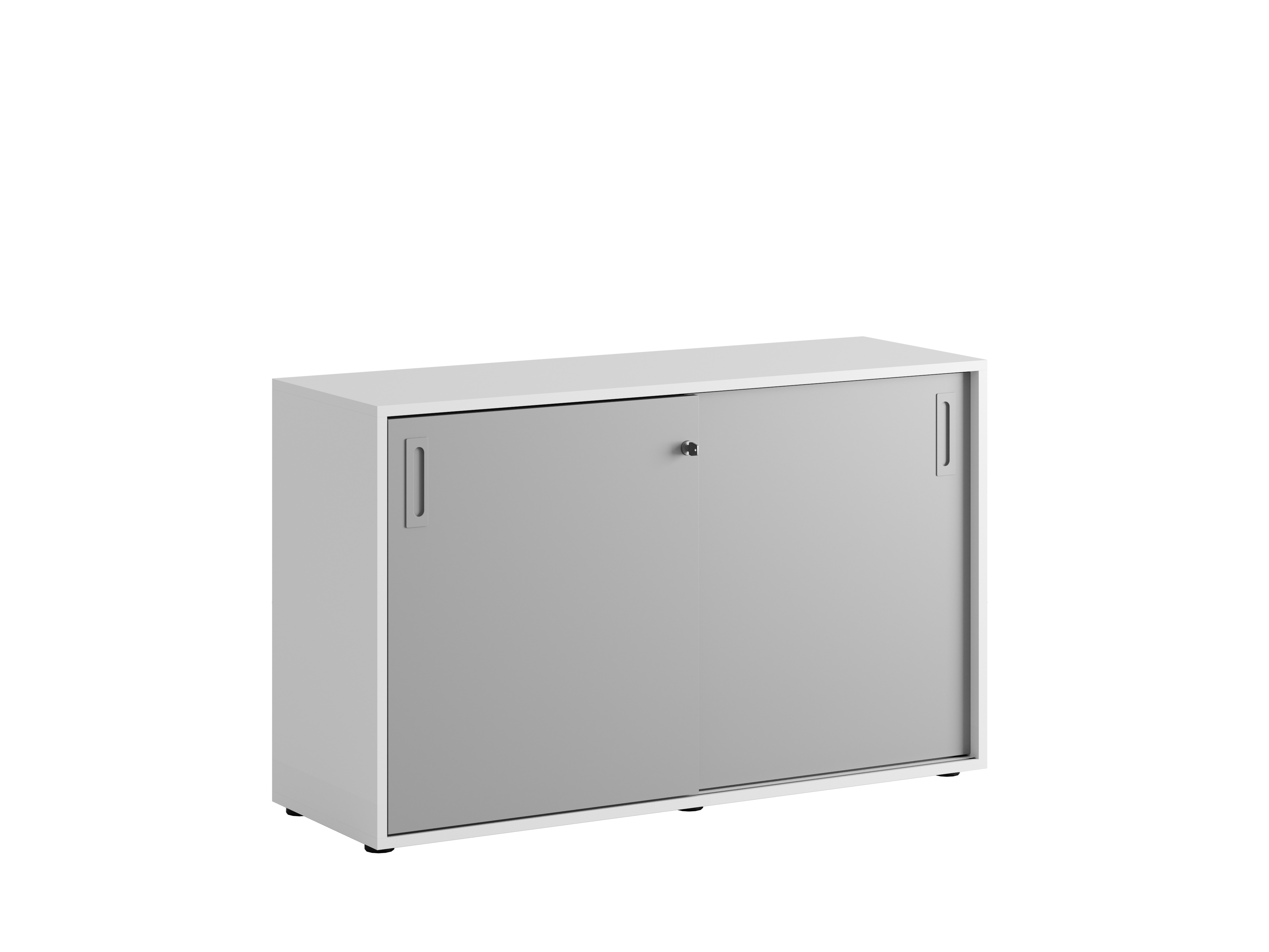 Småland Skjutdörrsskåp med plastfötter – Bredd 120 cm x Höjd 73,5 cm, Vit, grå eller ek. Från: