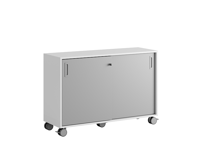 Småland Skjutdörrsskåp med hjul – Bredd 120 cm x Höjd 81 cm, Vit, grå eller ek. Från:
